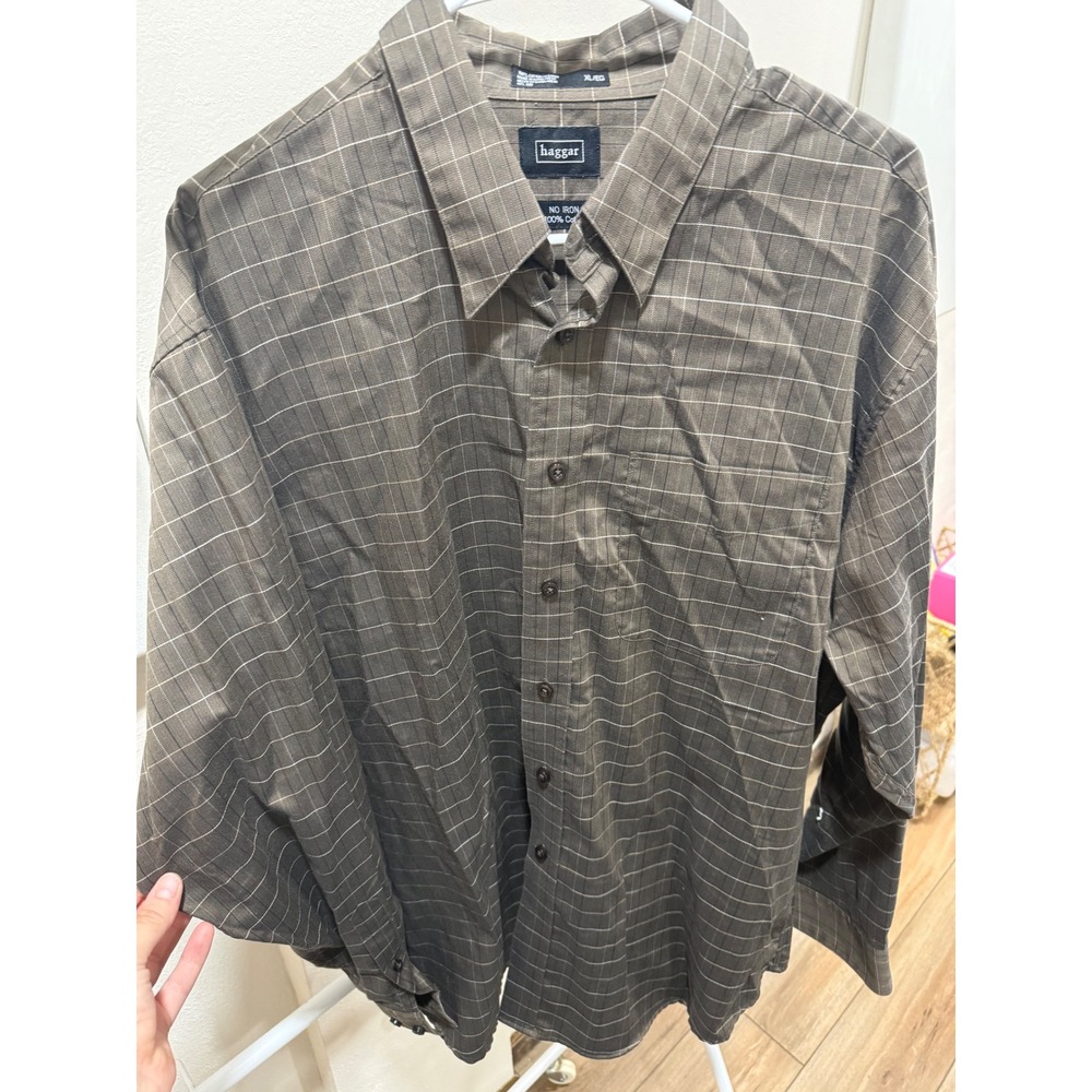 Dark Academia Button Down Brown XL Grid No Iron Haggar